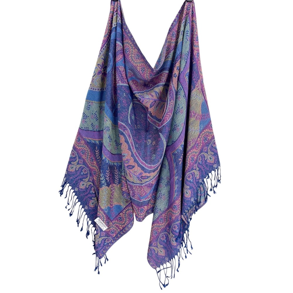 Pashmina Blue Purple Paisley Jacquard Fringed Wrap Scarf OS Boho Shawl
